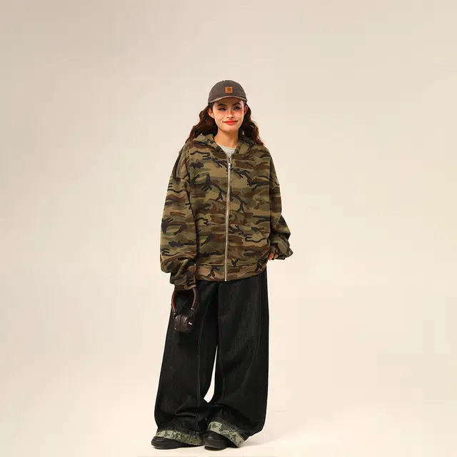 水中花 美式复古高街宽松休闲长袖迷彩户外工装开衫嘻哈外套舒适百搭时尚设计感街头潮酷高级感慵懒风气质连帽卫衣  男女同款
