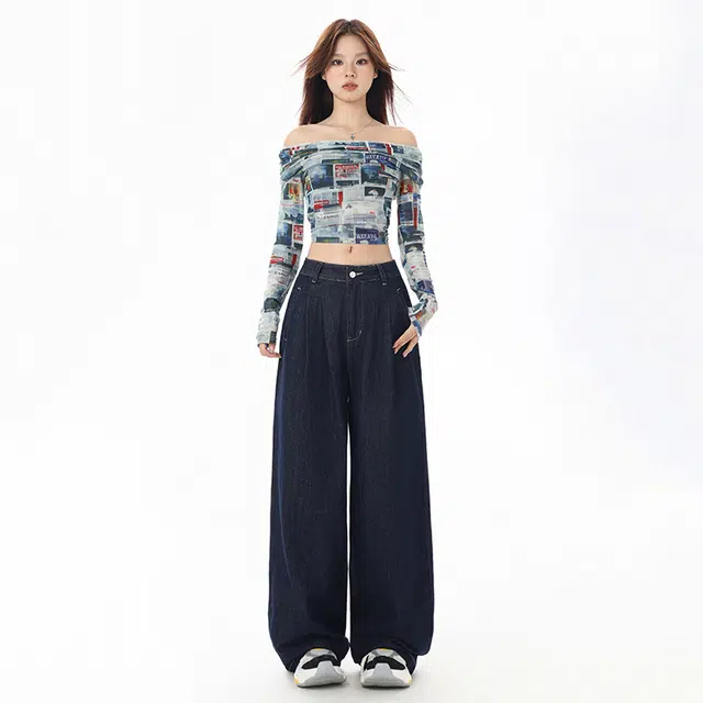 水中花 肌理感小众设计褶皱垂感高腰百搭直筒拖地法式慵懒风美式休闲宽松阔腿裤纯色牛仔裤 女款