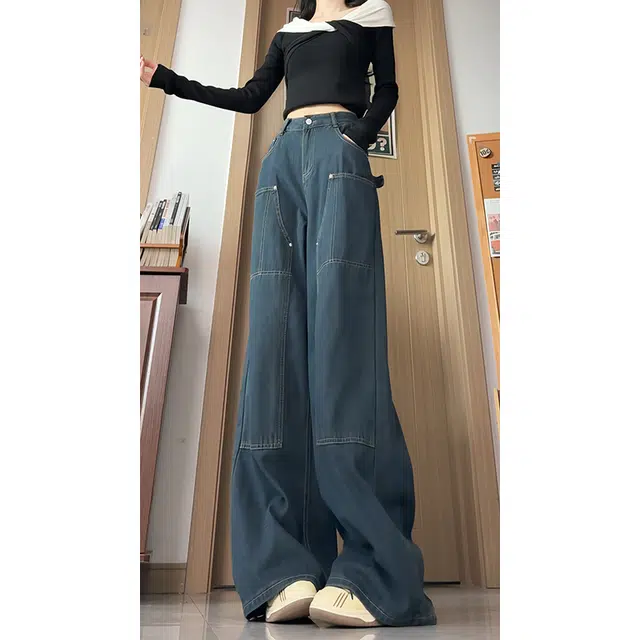 水中花 高腰工装长裤女直筒拼接休闲阔腿裤子垂感拖地裤显高显瘦小众设计时髦裤牛仔裤 女款