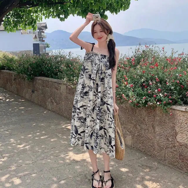 水中花 法式复古水墨画女夏季潮流时尚高级感海边度假小个子宽松显瘦气质裙子百搭舒适吊带连衣裙 女款 图片色