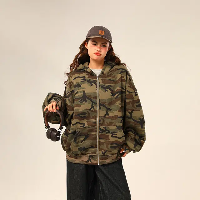 水中花 美式复古高街宽松休闲长袖迷彩户外工装开衫嘻哈外套舒适百搭时尚设计感街头潮酷高级感慵懒风气质连帽卫衣  男女同款