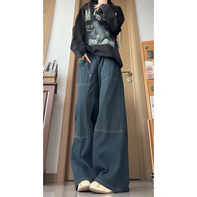 水中花 高腰工装长裤女直筒拼接休闲阔腿裤子垂感拖地裤显高显瘦小众设计时髦裤牛仔裤 女款