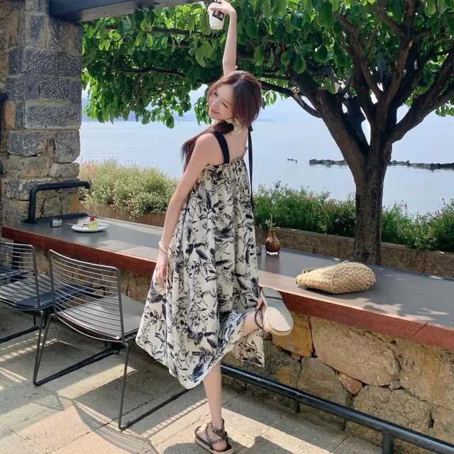 水中花 法式复古水墨画女夏季潮流时尚高级感海边度假小个子宽松显瘦气质裙子百搭舒适吊带连衣裙 女款 图片色