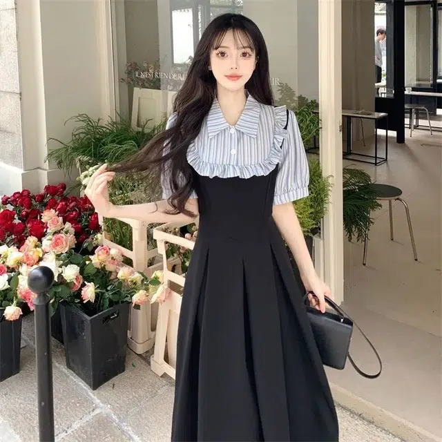 水中花 时尚拼接长裙夏季高级感微胖女显瘦修身收腰甜美可爱气质优雅简约百搭包臀裙短袖连衣裙 女款