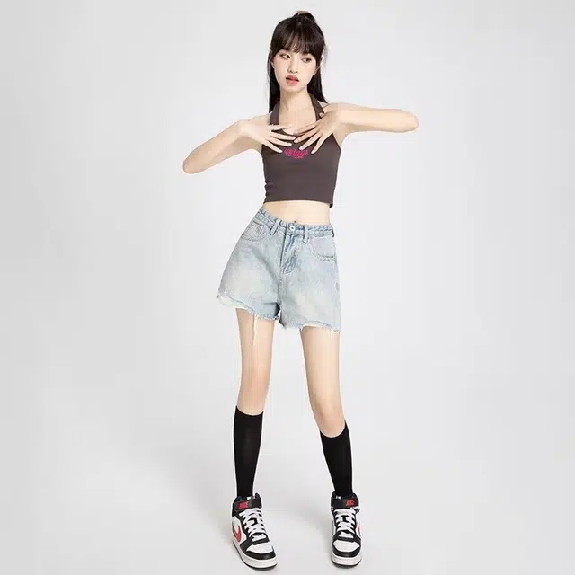 水中花 毛边破洞裤女夏季大码梨形身材高腰显瘦复古阔腿热裤百搭款式牛仔短裤 女款