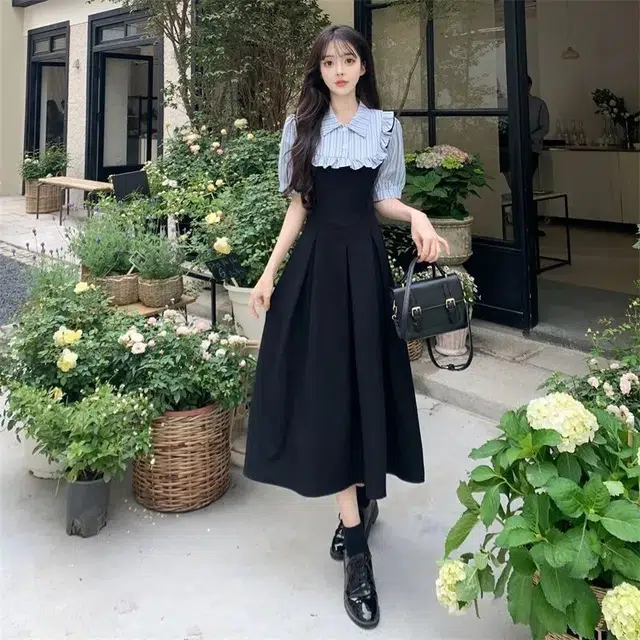水中花 时尚拼接长裙夏季高级感微胖女显瘦修身收腰甜美可爱气质优雅简约百搭包臀裙短袖连衣裙 女款