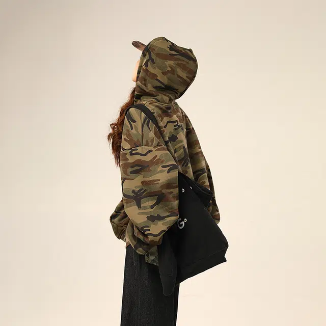 水中花 美式复古高街宽松休闲长袖迷彩户外工装开衫嘻哈外套舒适百搭时尚设计感街头潮酷高级感慵懒风气质连帽卫衣  男女同款