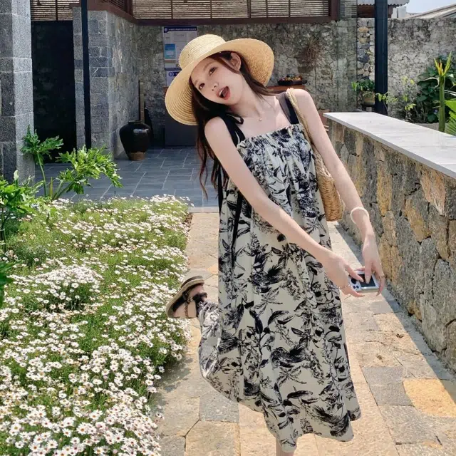 水中花 法式复古水墨画女夏季潮流时尚高级感海边度假小个子宽松显瘦气质裙子百搭舒适吊带连衣裙 女款 图片色