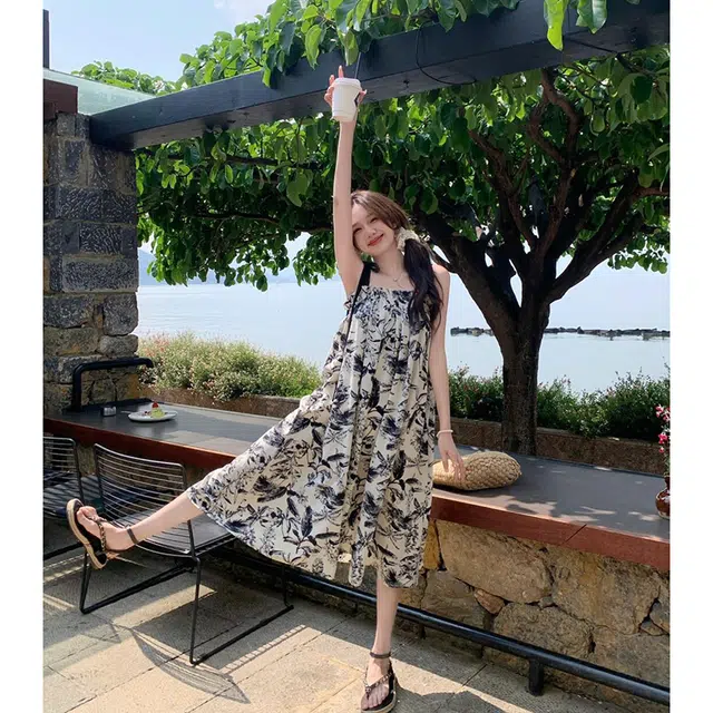 水中花 法式复古水墨画女夏季潮流时尚高级感海边度假小个子宽松显瘦气质裙子百搭舒适吊带连衣裙 女款 图片色