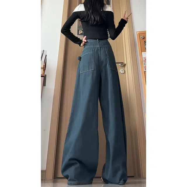 水中花 高腰工装长裤女直筒拼接休闲阔腿裤子垂感拖地裤显高显瘦小众设计时髦裤牛仔裤 女款
