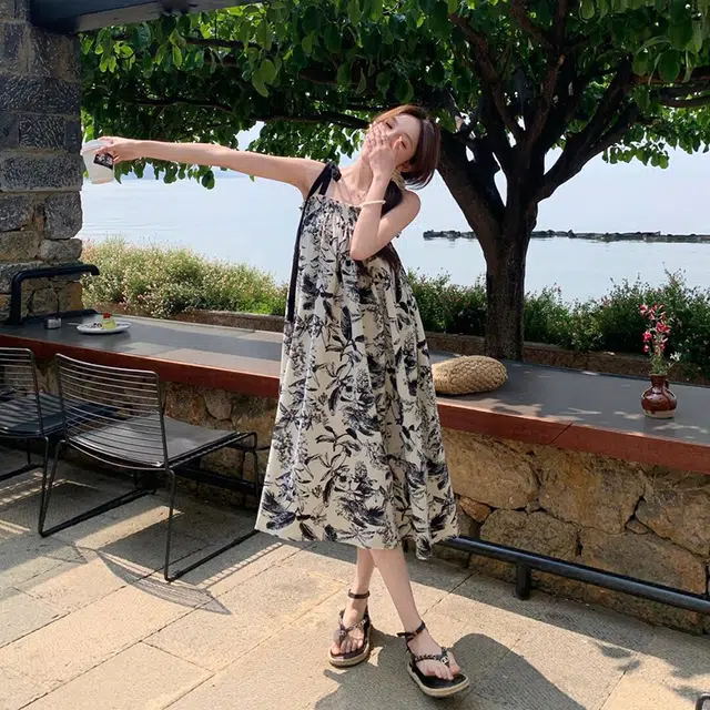 水中花 法式复古水墨画女夏季潮流时尚高级感海边度假小个子宽松显瘦气质裙子百搭舒适吊带连衣裙 女款 图片色