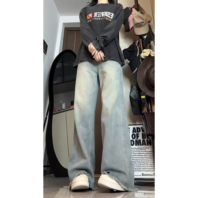 水中花 美式复古做旧毛边裤女小个子高腰直筒阔腿裤辣妹拖地长裤子潮显瘦显高牛仔裤 女款