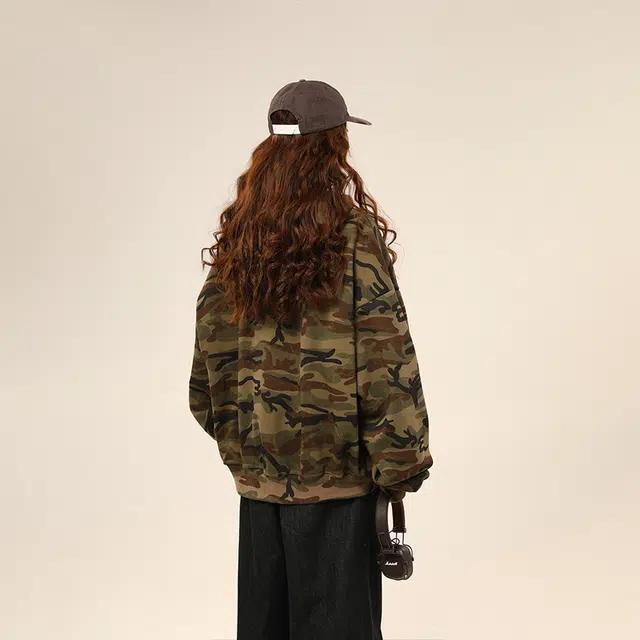 水中花 美式复古高街宽松休闲长袖迷彩户外工装开衫嘻哈外套舒适百搭时尚设计感街头潮酷高级感慵懒风气质连帽卫衣  男女同款