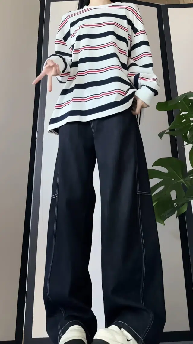 水中花 韩系复古小众水洗高腰明线设计感配腰带百搭显瘦时尚长裤直筒裤女牛仔裤 女款