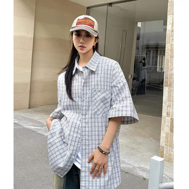 水中花 港风休闲条冰丝凉感情侣百搭衬衣高街风格短袖衬衫 女款