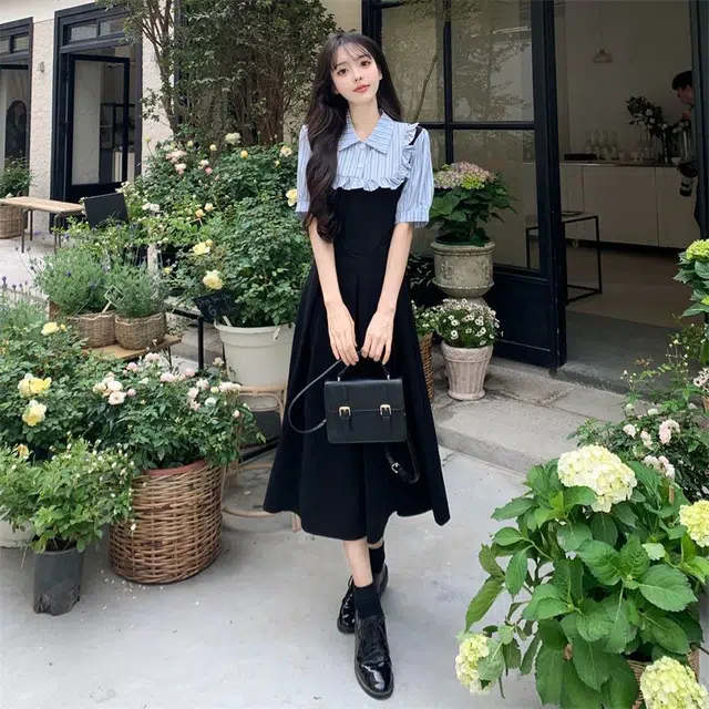 水中花 时尚拼接长裙夏季高级感微胖女显瘦修身收腰甜美可爱气质优雅简约百搭包臀裙短袖连衣裙 女款