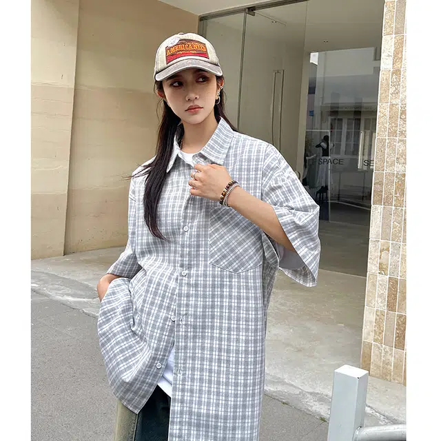 水中花 港风休闲条冰丝凉感情侣百搭衬衣高街风格短袖衬衫 女款
