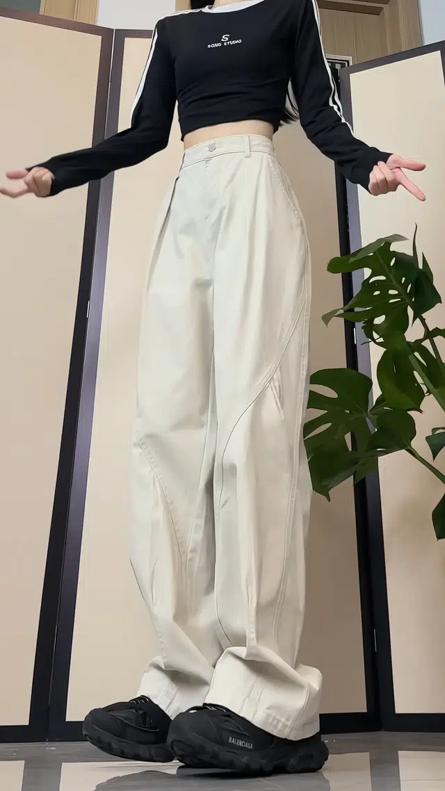 水中花 高街风格解构褶皱裤子潮牌女显瘦显高干伞兵裤直筒美式工装长裤休闲裤 女款