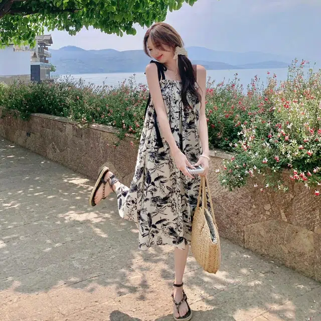 水中花 法式复古水墨画女夏季潮流时尚高级感海边度假小个子宽松显瘦气质裙子百搭舒适吊带连衣裙 女款 图片色