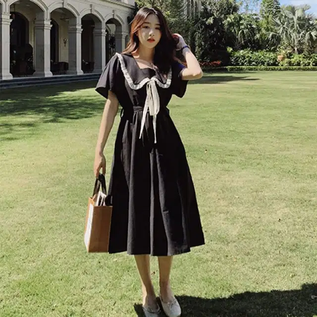 水中花 法式娃娃领高级感气质温柔学院风收腰修身显瘦甜美可爱纯色简约短袖连衣裙 女款