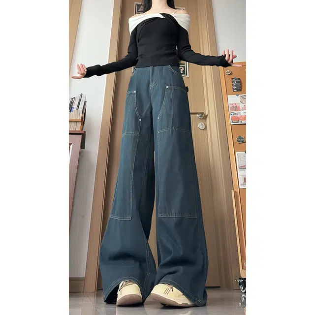 水中花 高腰工装长裤女直筒拼接休闲阔腿裤子垂感拖地裤显高显瘦小众设计时髦裤牛仔裤 女款