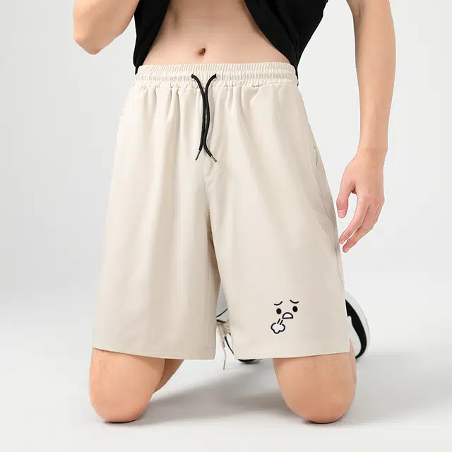 棉致 叹气表情纯色简约宽松直筒透气冰丝五分休闲短裤 男女同款