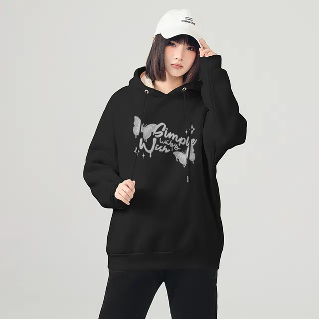 棉致 美式设计感英文字母蝴蝶加绒加厚款连帽宽松小众舒适简约长袖卫衣 女款