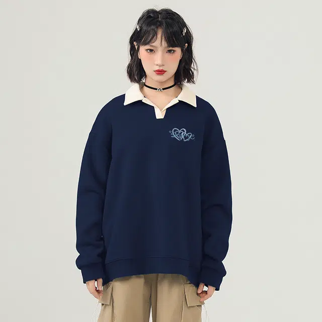 棉致 百搭闪亮星心涂鸦翻领撞色学院风柔软舒适宽松卫衣 女款