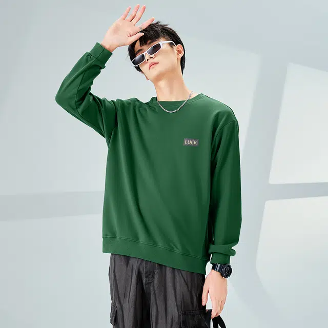 棉致 幸运标志简约纯色复古休闲柔软抗皱舒适基础百搭美式街头宽松落肩套头圆领卫衣 男女同款