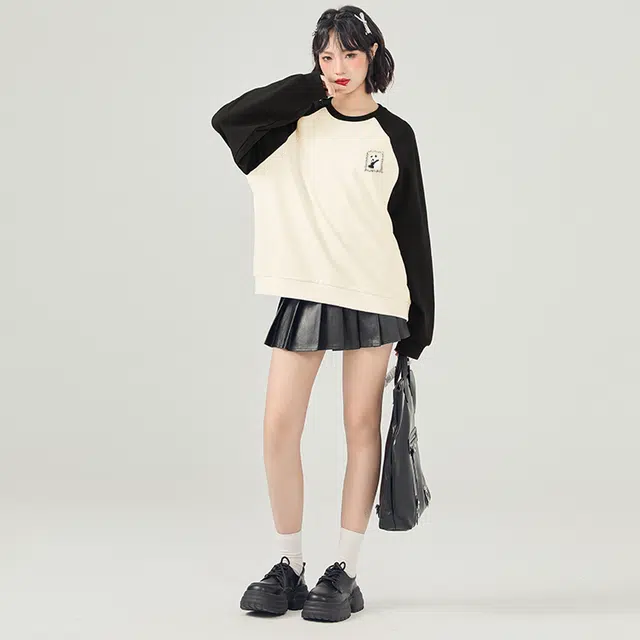 棉致 毛绒熊猫撞色拼色插肩简约时尚基础休闲百搭无性别主义美式柔软舒适吸湿透气圆领长袖卫衣 男女同款