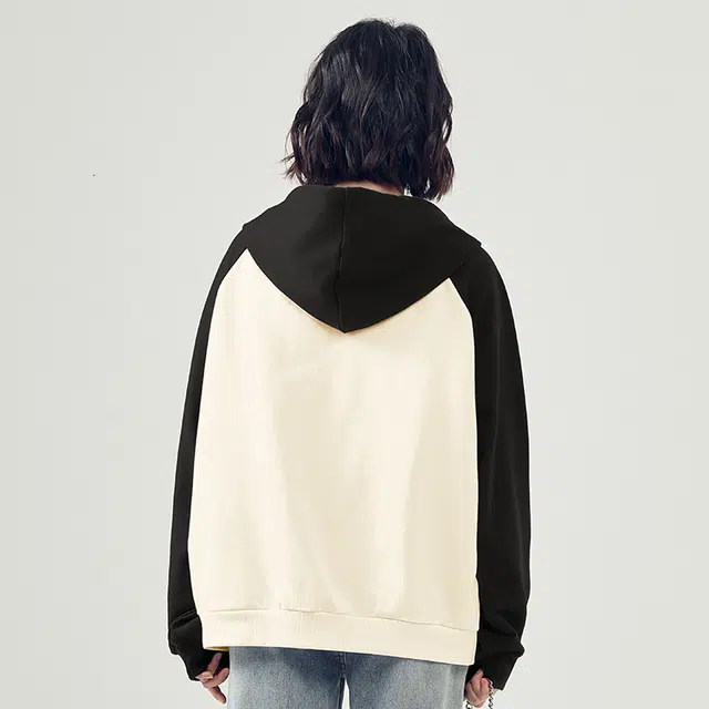 棉致 猫咪简约无性别主义美式撞色插肩时尚休闲宽松弹力吸湿透气拉链开衫外套连帽卫衣 男女同款