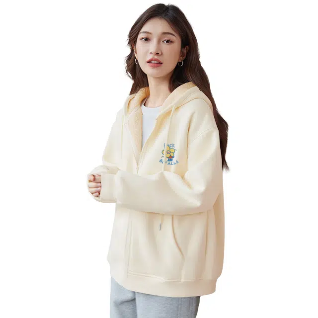 棉致 清新小花涂鸦潮流百搭学院风仿羊羔绒外套秋冬季加绒开衫加厚棉上衣卫衣 男女同款