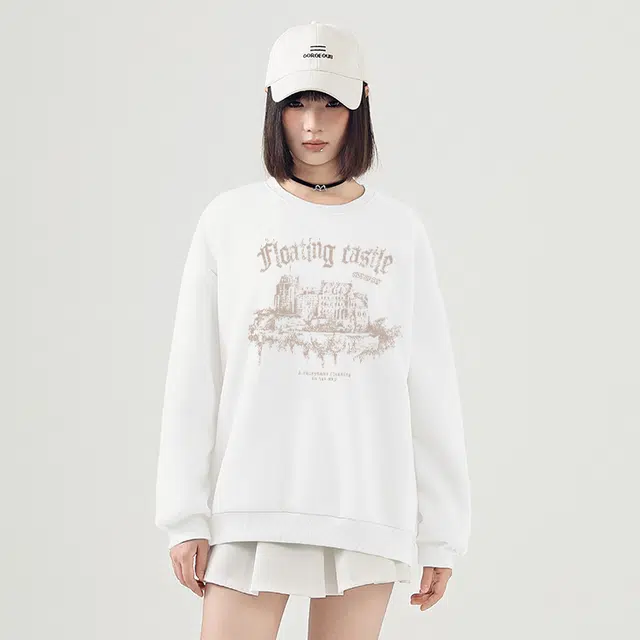 棉致 设计感美式复古印花宽松套头卫衣 女