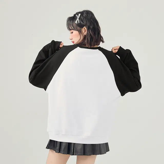 棉致 小狗耳朵涂鸦时尚百搭潮流个性撞色拼色插肩休闲简约无性别主义舒适柔软圆领长袖卫衣 男女同款