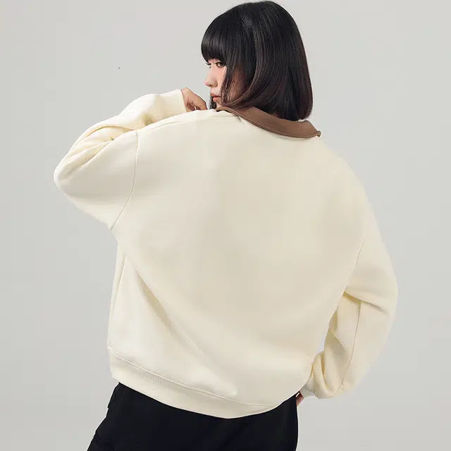 棉致 百搭活力小猫涂鸦翻领撞色学院风柔软舒适宽松卫衣 女款