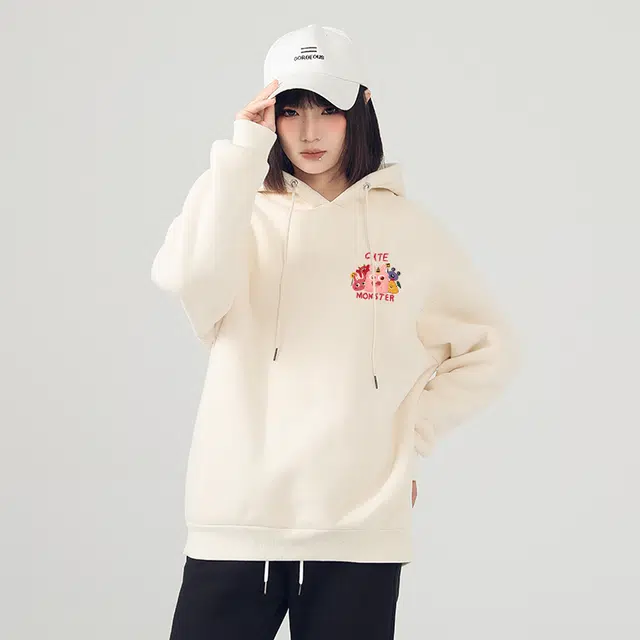 棉致 卡通动漫可爱粉毛怪加绒加厚连帽宽松小众无性别主义长袖卫衣 女款