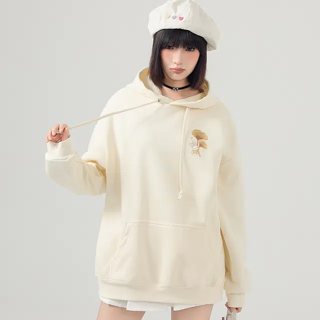 棉致 银杏小兔涂鸦潮流时尚创意百搭休闲简约柔软舒适套头连帽长袖卫衣 女款