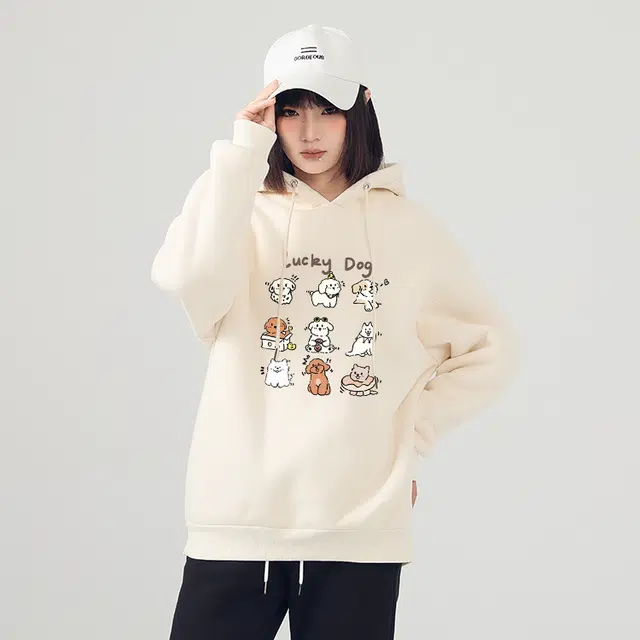 棉致 卡通动漫手绘幸运小狗聚会厚款连帽宽松舒适简约卫衣 女款