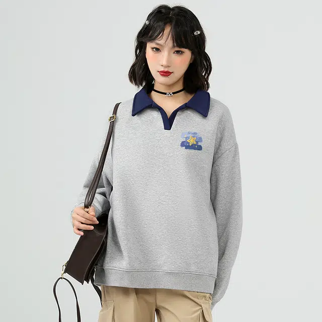 棉致 百搭油画星星涂鸦翻领撞色学院风柔软舒适宽松卫衣 女款