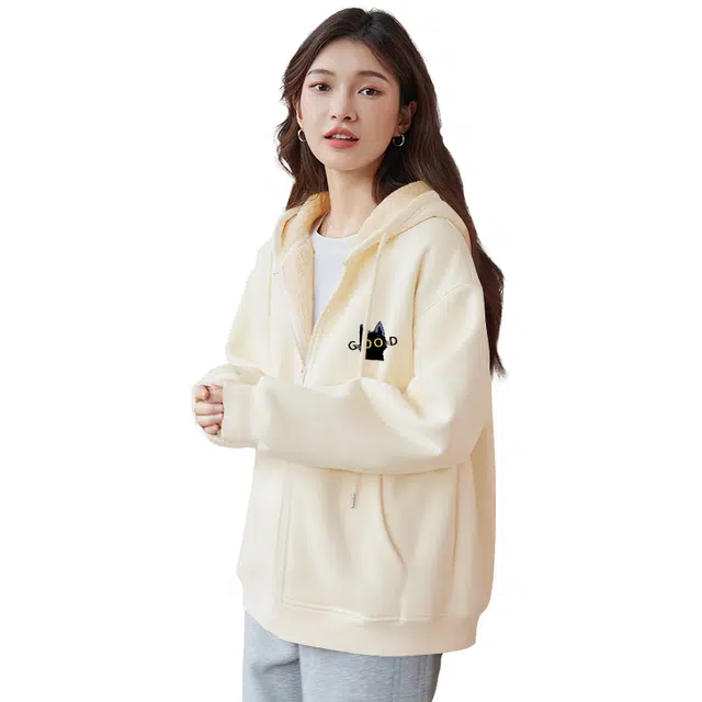 棉致 字母小猫涂鸦潮流百搭学院风仿羊羔绒外套秋冬季加绒开衫加厚棉上衣卫衣 男女同款