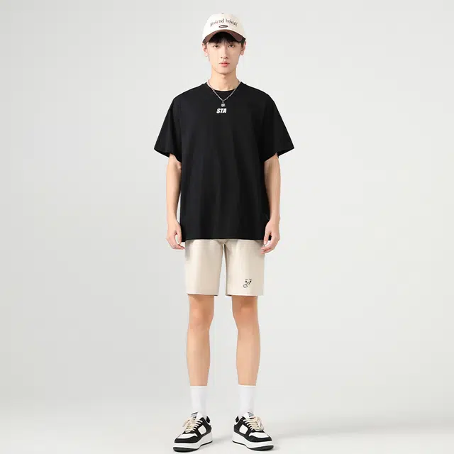 棉致 叹气表情纯色简约宽松直筒透气冰丝五分休闲短裤 男女同款