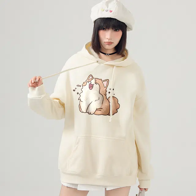 棉致 可爱卡通猫咪唱歌宽松慵懒风连帽百搭落肩长袖卫衣 男女同款
