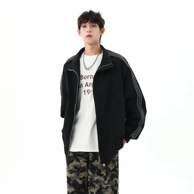 棉致 条纹织带复古拉链开衫时尚百搭舒适插肩高级感外套通勤休闲宽松夹克 男女同款