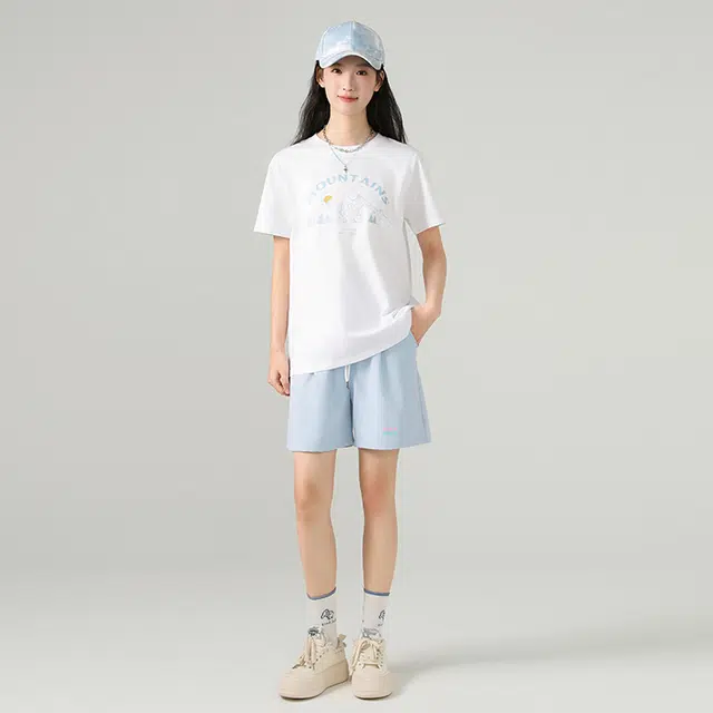 棉致 三颗粉星简约纯色系带滑爽轻薄冰丝凉感学院风细腻柔软肌理感宽松五分休闲短裤 男女同款