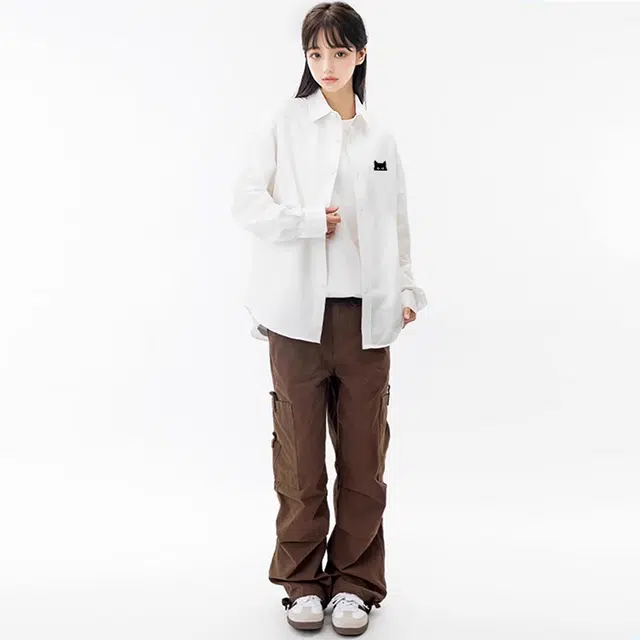 棉致 躲藏黑猫纯色简约高级感正装休闲通勤内搭宽松长袖衬衫 男女同款