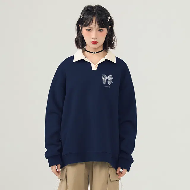 棉致 潮流百搭蝴蝶结涂鸦翻领撞色学院风柔软舒适亲肤宽松落肩长袖卫衣 女款