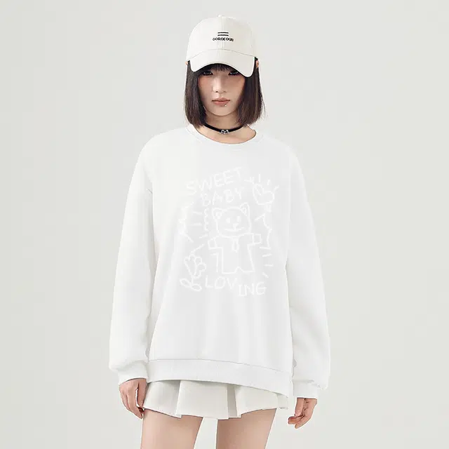 棉致 韩系小众设计线条猫咪潮宽松慵懒卫衣 女