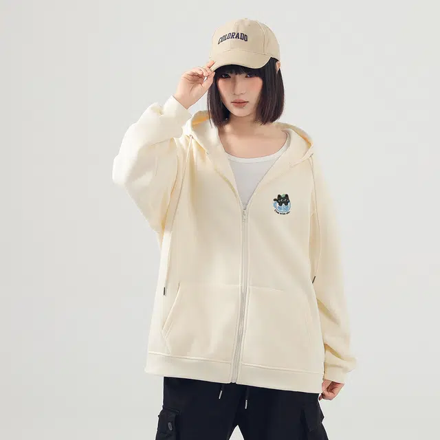 棉致 冰杯猫简约纯色牛奶丝抗皱无性别主义美式街头时尚舒适宽松休闲拉链开衫连帽卫衣 男女同款