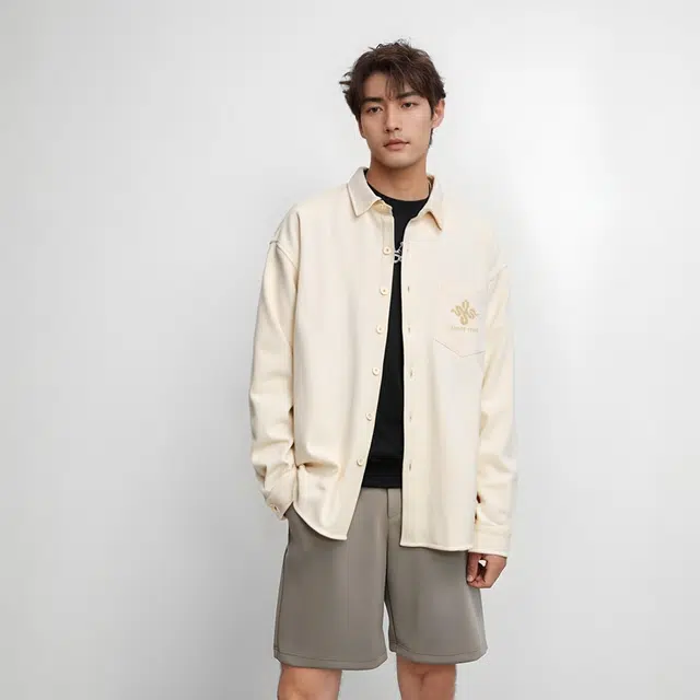 棉致 蛇福滕简约纯色细斜纹肌理手感挺阔内里复合摇粒绒加绒加厚长袖衬衫 男女同款