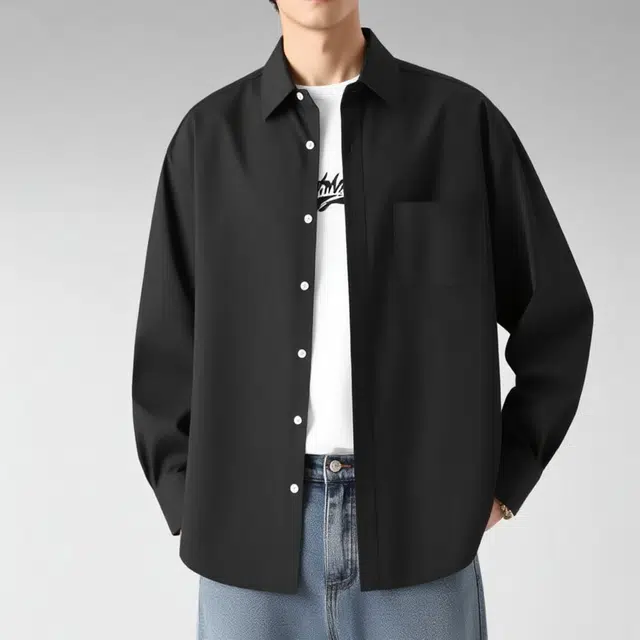 棉致 美式纯色简约通勤基础百搭外搭抗皱系扣宽松户外休闲舒适长袖衬衫 男女同款